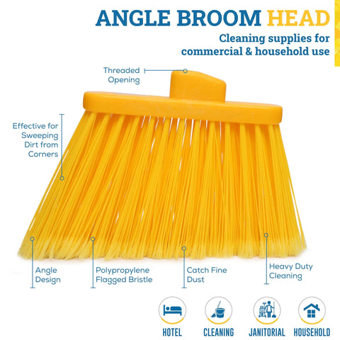 Heavy Duty Replacement Angle Broom Head With Flagged Stiff Bristles Sweep Up Grime And Dust Slick In Tight Corners And Crevices 13 Inch Wide Cleaning Path Built Tough For Quick Cleanup with yellow flagged bristles.