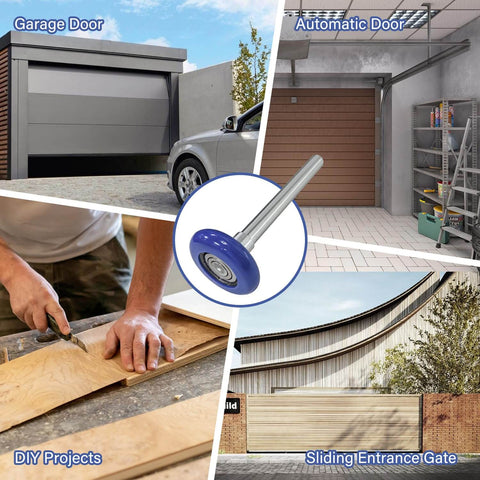 12 Pack Nylon Garage Door Rollers With 1.8 Inch Wheels For 2 Inch Track And 4.25 Inch Stems Heavy Duty Quiet Rollers Featuring Sealed 6200ZZ Precision Bearings For Smooth Low Noise Operation Blue, shown in various usage scenarios including garage doors and entrance gates.