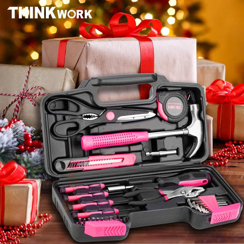 Pink 40 Piece Hand Tool Kit Set With Storage Toolbox for DIY home use, includes hex keys, screwdriver bits, and more, displayed open.