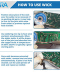 Guide on using Flat Woven Copper Desoldering Wick With No Clean Flux For Easy Damage Free Solder Removal 3 Pack 10 Foot Solder Wick Spools Desoldering Braid Pro Grade For Electronics Repair shown in three steps with images.