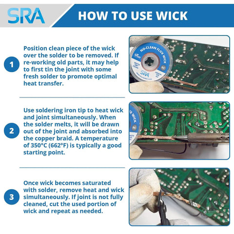 Guide on using Flat Woven Copper Desoldering Wick With No Clean Flux For Easy Damage Free Solder Removal 3 Pack 10 Foot Solder Wick Spools Desoldering Braid Pro Grade For Electronics Repair shown in three steps with images.