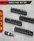 40-piece hex bit set with S2 material, durable design, magnetic feature, and various sizes displayed on a gray surface