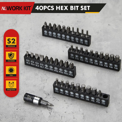 40-piece hex bit set with S2 material, durable design, magnetic feature, and various sizes displayed on a gray surface