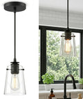 Black Pendant Lights For Kitchen Island, Modern Glass Hanging Fixture with clear glass shade and adjustable drop cord.