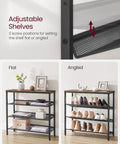 Adjustable shelves of Four Tier Shoe Rack For Entryway Storage Freestanding Adjustable Mesh Shelves Heavy Duty Industrial Organizer.