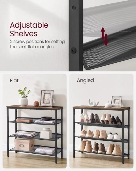 Adjustable shelves of Four Tier Shoe Rack For Entryway Storage Freestanding Adjustable Mesh Shelves Heavy Duty Industrial Organizer.