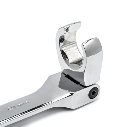 Close-up of Six Piece Flex Flare Nut Wrench Set Metric With 180 Degree Flexible Head showing open jaw and polished finish.