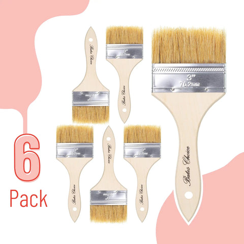 Six Pack Three Inch Chip Paint Brushes With Thick Natural Bristle For Holding More Paint Perfect For Latex Or Oil Based Paints And Stains Delivers Smooth Finish On Walls And Trim With Fewer Streaks image showing six brushes with wooden handles and thick bristles