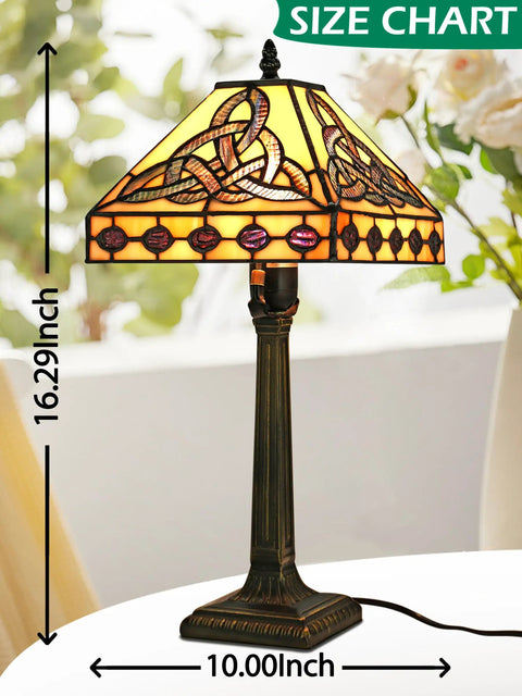 Lit Tiffany Style Table Lamp With Stained Glass Shade Irish Celtic Design 17500 Lumens Fairy Night Light E26 Socket Bronze Base