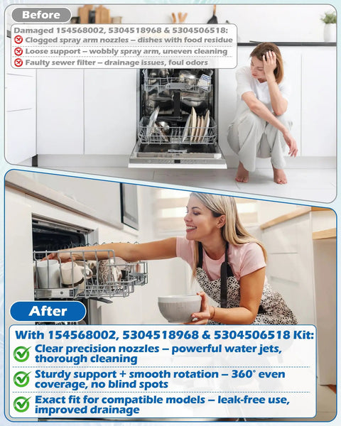 Before and after use of Dishwasher Lower Spray Arm Replacement Kit With Built In Support And Filter Easy Install Includes 5304518968 Support And 5304506518 Filter Universal Fit For Bottom Spray Arm Replacements Compatible With 5304517203 And 154568002 Series
