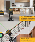 Green Cross Line Laser Level With Tripod Self Leveling For Indoor Outdoor Use 82 Ft Range Picture Hanging Tile And Wall Renovation Tool DIY Home Improvement set up in a kitchen and staircase setting showing self-leveling and manual modes.