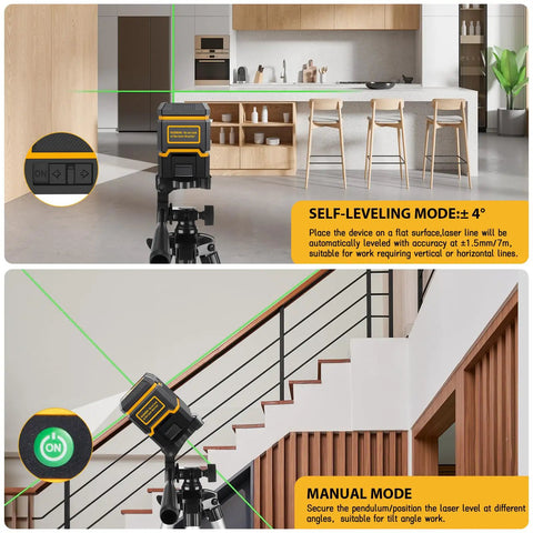 Green Cross Line Laser Level With Tripod Self Leveling For Indoor Outdoor Use 82 Ft Range Picture Hanging Tile And Wall Renovation Tool DIY Home Improvement set up in a kitchen and staircase setting showing self-leveling and manual modes.