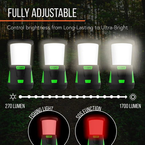 Beast Mode 2000 Lumen Camping Lantern With All Day Battery Life And 360 Degree Light Control showcasing brightness levels