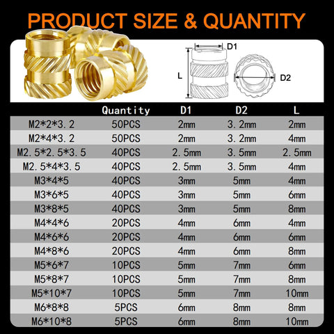 Heat Set Inserts Kit 400 Pcs Brass M2 To M6 Threaded Inserts For Plastic And 3D Printer Parts DIY Ready Knurled Nuts