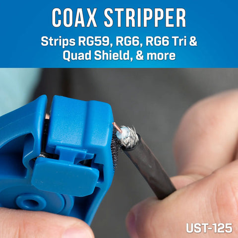 Pro Grade Coax Tool Kit 8 Piece Set With Stripper And Universal Compression Tool demonstrating coax stripping on cable