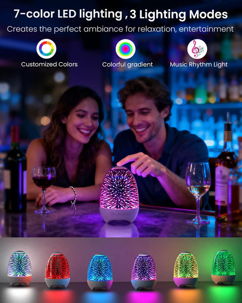 Couple enjoying Night Light Bluetooth Speaker with 3D Glass Fireworks Lamp on table, showcasing colorful LED lighting.