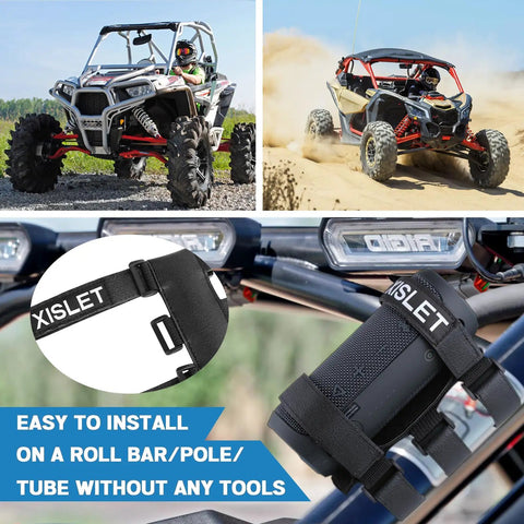 Rugged UTV Speaker Mount For JBL Charge 5 6 And Flip 5 6 on off-road vehicle, showcasing non-slip strap installation.