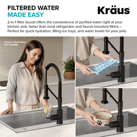 KRAUS Bolden 2-in-1 Pull Down Kitchen Faucet with Integrated Water Filter Tap for Reverse Osmosis or Water Filtration System in Matte Black/Spot-Free Black Stainless Steel, KFF-1610MBSFSB, woman using faucet for filtered water.
