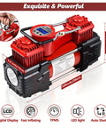 Red Dual Cylinder Tire Inflator Air Compressor With Digital Display And Auto Shut Off 12V featuring LED flashlight