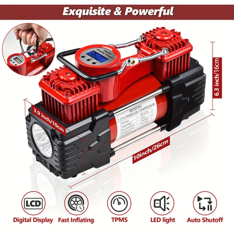 Red Dual Cylinder Tire Inflator Air Compressor With Digital Display And Auto Shut Off 12V featuring LED flashlight