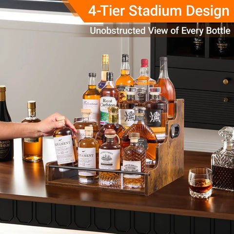 Four Tier Stadium Style Liquor Bottle Display Shelf 16 Inch Rustic Wood Rack For Bottles And Syrups on countertop with guard rails
