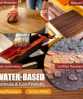 Collage showcasing Rosewood Water Based Wood Stain For Indoor And Outdoor Furniture Non Toxic Fast Drying features like natural color and resistance.