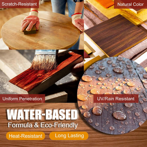 Collage showcasing Rosewood Water Based Wood Stain For Indoor And Outdoor Furniture Non Toxic Fast Drying features like natural color and resistance.