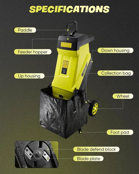 Corded Electric Wood Chipper Shredder With 15 Amp Motor And 1.75 Inch Cutting Capacity Includes Collection Bag, parts labeled