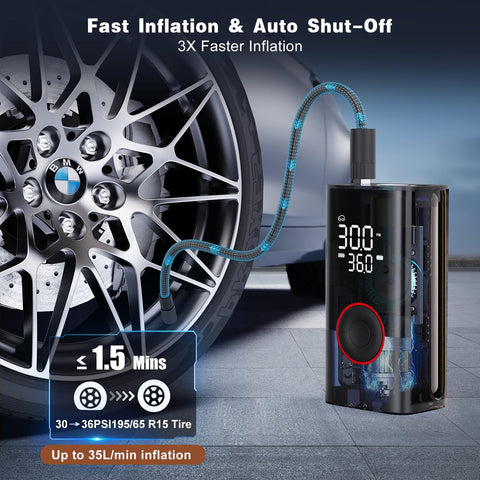 Cordless Tire Inflator With Digital Pressure Gauge, Portable Mini Air Pump inflating a car tire with 150 PSI capacity