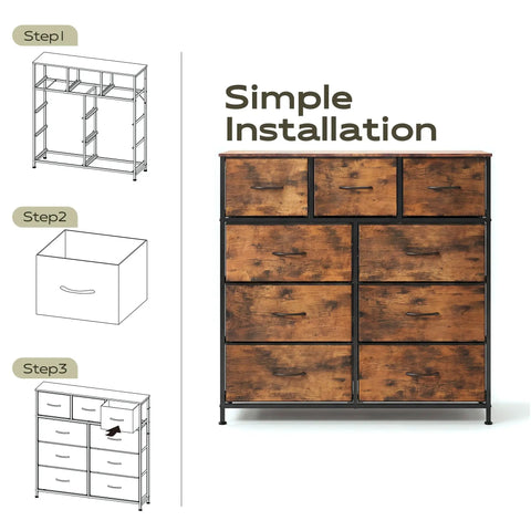 Top Drawer Tall Fabric Dresser For Bedroom Storage Packed With Nine Deep Foldable Drawers Rustic Brown A Clutch Space Saver Chest Of Drawers For Fresh Living Spaces