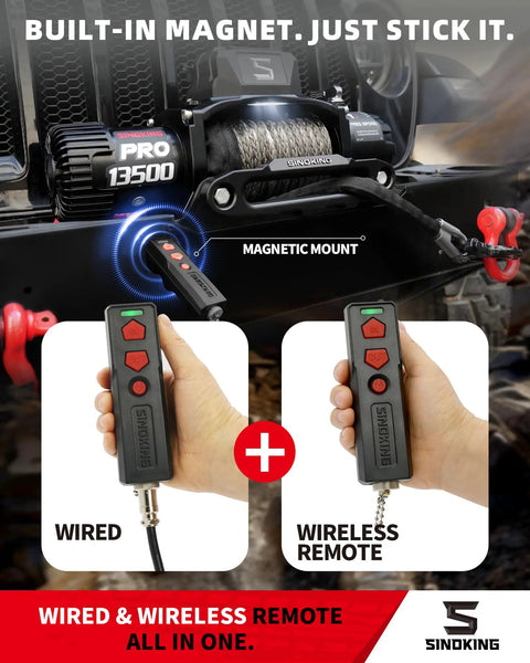 Pro Series 13500 Lb 12V Electric Winch With Synthetic Rope, 2 In 1 Wired And Wireless Remote, IP67 Waterproof, 7 HP Motor, Heavy Duty Recovery For Jeep SUV Truck And Trailer with wired and wireless remotes