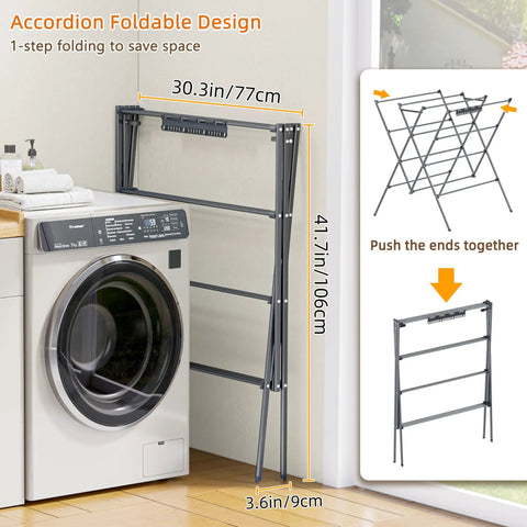 Heavy Duty Indoor Clothes Drying Rack With Twelve Solid Horizontal Rods And Tight Grip Sock Clips shown in accordion foldable design next to a washer.
