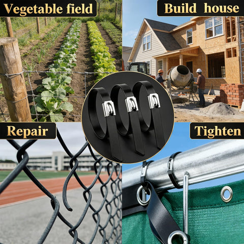 Heavy Duty Beefed Up Black Galvanized Steel Cable Ties Kit With Tie Gun Screwdriver And Protective Gloves 11.8 Inch 304 Stainless Metal Zip Ties For Outdoor Fence Projects All In One used in various scenarios like building, repair, and tightening.