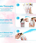 Instructions for using Legit Epic Gender Reveal Extinguisher 2 Pack: shake, detach safety tab, press trigger to release color mist.
