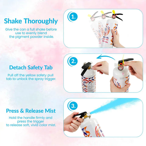 Instructions for using Legit Epic Gender Reveal Extinguisher 2 Pack: shake, detach safety tab, press trigger to release color mist.