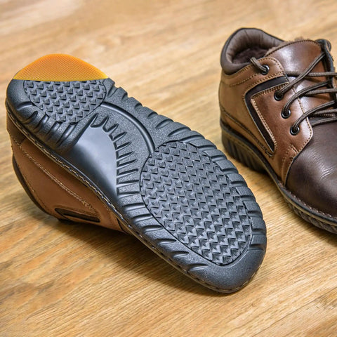 Bevel Design Rubber Heel Patch Kit For Shoes With Anti Slip Patches attached to a brown shoe, showing improved tread.