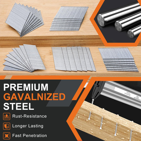 All In One 16 Gauge Finish Nails Kit With Twenty Degree Angled Galvanized 2000 Count Five Sizes displayed on wooden background