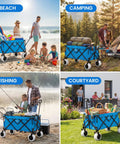 All Terrain Beach Wagon With Big 9 Inch Solid PU Wheels For Sand And Grass, Heavy Duty Foldable Cart With 300L Capacity And 330 Lb Load in use at beach, camping, fishing, and courtyard.