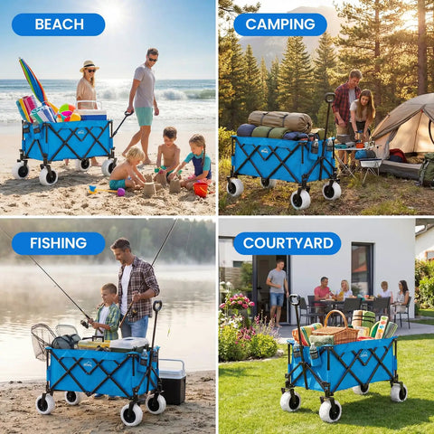 All Terrain Beach Wagon With Big 9 Inch Solid PU Wheels For Sand And Grass, Heavy Duty Foldable Cart With 300L Capacity And 330 Lb Load in use at beach, camping, fishing, and courtyard.