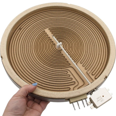 Hand holding 12 Inch Triple Radiant Surface Element Replacement For Electric Range Model Specific Fit Not Universal DIY Friendly