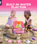 Children playing with a Unicorn Themed Rolling Sand Toy Suitcase For Kids Beach Fun With Water Play Table And Wheels at the beach
