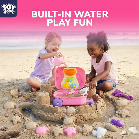 Children playing with a Unicorn Themed Rolling Sand Toy Suitcase For Kids Beach Fun With Water Play Table And Wheels at the beach