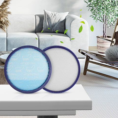 4 Pack Replacement Filters For WindTunnel Upright Vacuum Cleaners UH71250 UH72630 UH72625 on a table in a modern living room