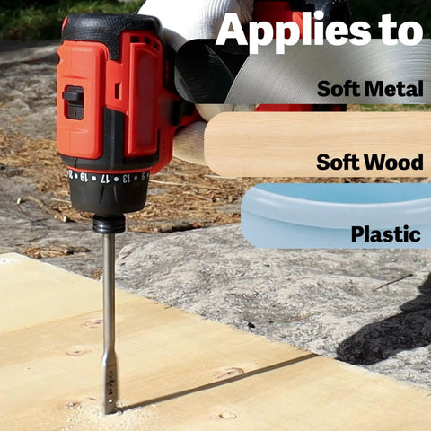 Cordless drill using 13 Piece Spade Drill Bit Set One Quarter To One And One Half Inch With Quick Change Hex Shank For Woodworking