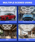 Hexagon Shaped Garage Light Panel Three Level Dimmable LED Ceiling Fixture 192W 6500K Boss Level Bright 25650LM used in garage, auto shop, gym, office