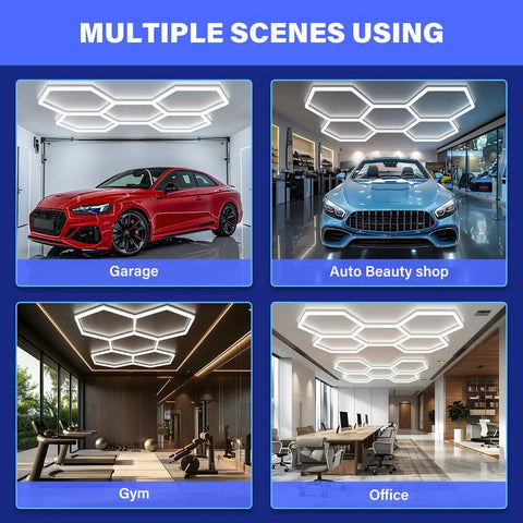 Hexagon Shaped Garage Light Panel Three Level Dimmable LED Ceiling Fixture 192W 6500K Boss Level Bright 25650LM used in garage, auto shop, gym, office