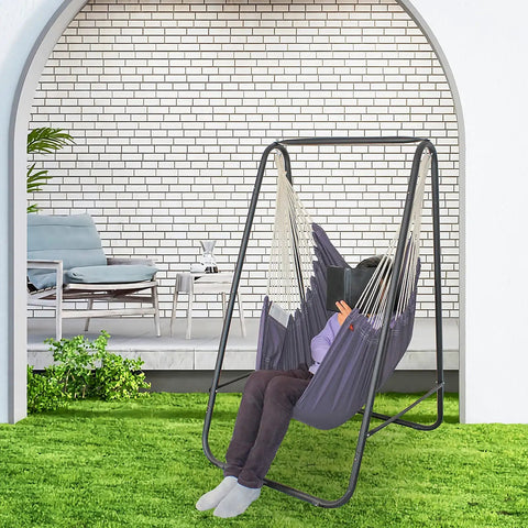 Hammock Chair Stand With Hanging Swing Chair Included For Indoor Outdoor Use Weather Resistant Space Saving Design Lets You Lounge Up To 450 Lbs Durable Iron Frame Grey Cotton Weave Wrap Patented on green lawn
