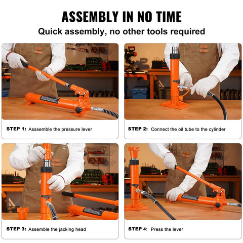 Porta power kit, orange 12-ton hydraulic jack with pump and 4.6 ft hose; four-panel assembly steps.