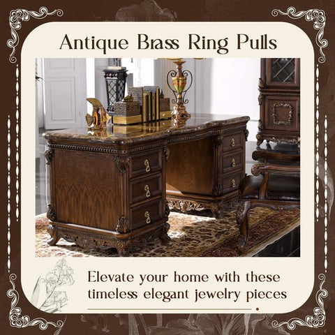 Top Notch Vintage Brass Drop Ring Pulls Slick Antique Finish Hand Painted Red For Kitchen Cabinet Drawer Furniture Hardware featuring solid brass on wooden desk.