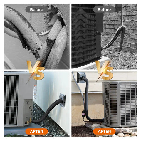 Tough As Nails Hvac Wall Penetration Cover And 3 Layer Insulated Line Set Sleeve Kit before and after AC piping comparison.